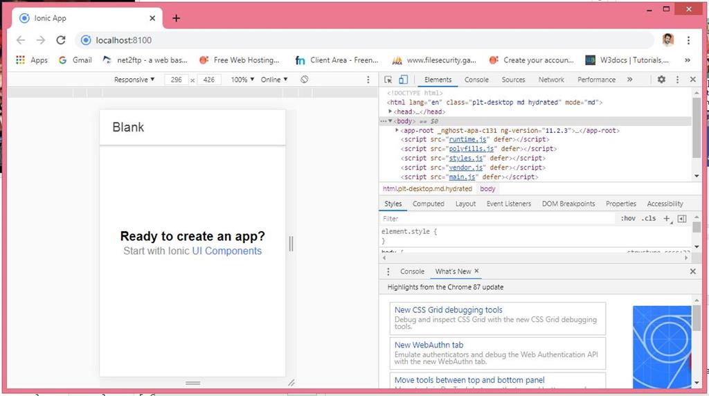 Ionic Blank Starter template in Mobile View app 